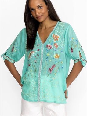 Johnny Was Cosette Blouse Turquoise Embroidered Tie Cuff Short Sleeve Large